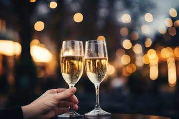 To celebrate the arrival of the New Year in 2024, people raise their champagne glasses against a backdrop of bokeh and holiday lights. Generative Ai.