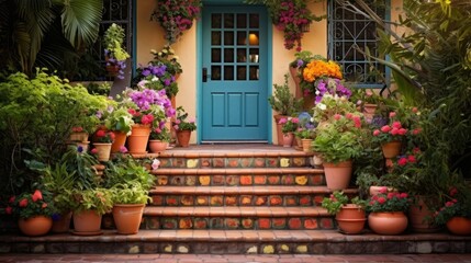 A vibrant and whimsical setting with colorful, mismatched tiles on the steps. The playful atmosphere is enhanced by the charming doorway adorned with flowers, surrounded by lush greenery