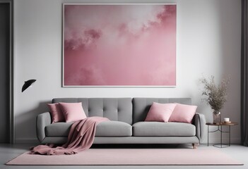 Grey sofa with pink pillows and blanket against white wall with abstract art poster Interior design