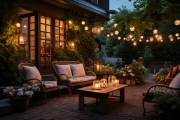 Fototapeta na wymiar A summer evening transforms a suburban house's patio into a charming oasis, complete with wicker furniture, lights, and lanterns. Generative Ai.