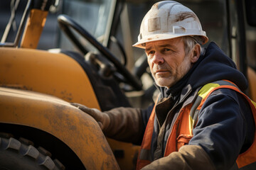 A senior man engineer, wearing a hardhat, uses a tablet computer at a construction site with a bulldozer in the background. The tablet allows for control over loading cargo or coal. Generative Ai.