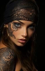 A beautiful girl of European appearance with tattoos on her skin.