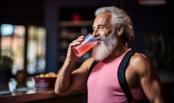 Head and Shoulders Portrait of Active Older Man Sipping Juice