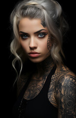 A beautiful girl of European appearance with tattoos on her skin.