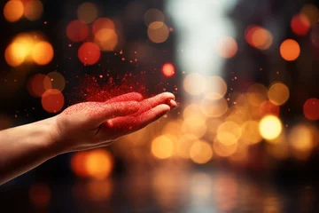 Fotobehang A hand reaches out to touch the year 2024 amidst a backdrop of bokeh, symbolizing the readiness and anticipation for a merry Christmas and happy new year. Generative Ai. © Sebastian
