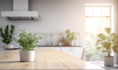 Fototapeta na wymiar Blurred interior of a white kitchen with window, wooden countertop with a green plants
