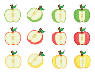 Set of apples cut in different colors in different views. Fruit cut in half and sliced.