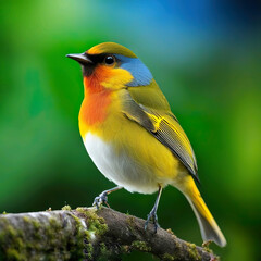 Obraz premium Pájaro blanco amarillo naranja gris y azul posado en una rama con musgo con un fondo verde 