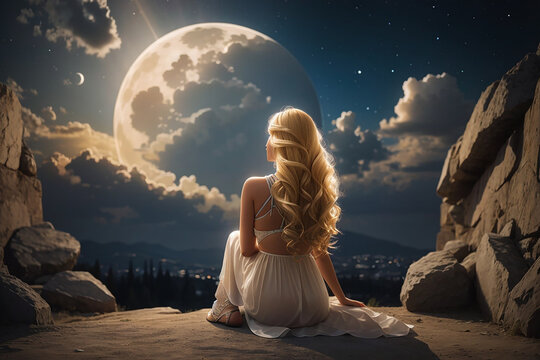 blonde woman with long hair, turning her back, sitting with her legs crossed, located in a heavenly place, with a big moon during the day