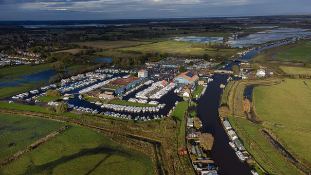Aerial View Of Potter Heigham, Norfolk, Flooded Due To High Water Levels From River Thurne After Storm Babet 