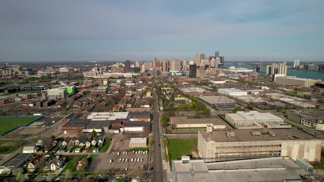 Aerial view of General motors head quarters building in Downtown Detroit.