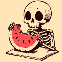 Digital art of a skeleton eating a slice of juicy watermelon. Hungry skull with bones holding a fruit on a table. Cartoon character getting ready to eat a snack.