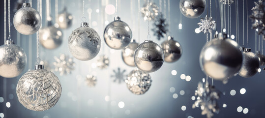 Silver decorative Christmas balls, poster. Generative AI