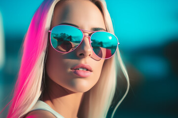 Naklejka premium Beautiful young blond woman model posing outdoors. Generative AI