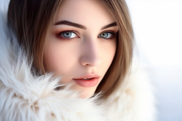 Pretty young woman wearing fur coat closeup. Generative AI