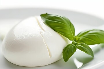 Mozzarella and basil leaves on a plate closeup. Generative AI