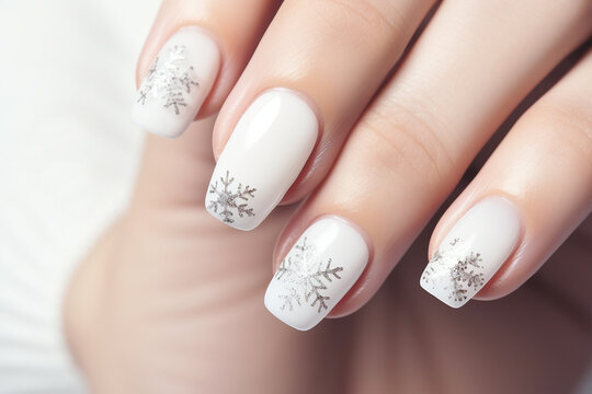 Christmas snowflakes nail art closeup on the white nails. Generative AI