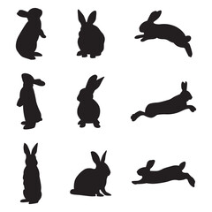Collection of rabbit silhouettes in various poses. Bunny silhouette
