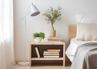 Cozy bedroom interior. Night table with books and decorations near sleeping bed with white and pastel colors bedding