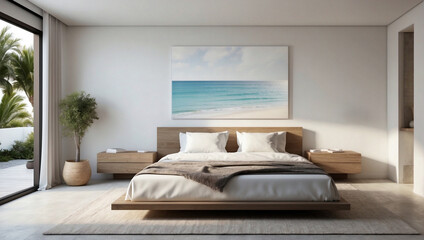 Bellissima camera da letto con arredamento minimalistico, con colori naturali ed eleganti e cornice con mare sul muro