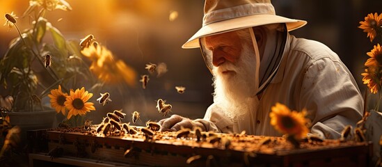 An elderly beekeeper in beekeeping attire is seen tending to bees and gathering honey from a beehive leaving room for text or other elements