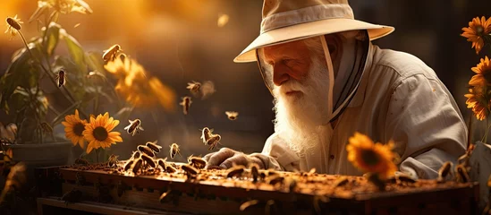 Fotobehang An elderly beekeeper in beekeeping attire is seen tending to bees and gathering honey from a beehive leaving room for text or other elements © AkuAku