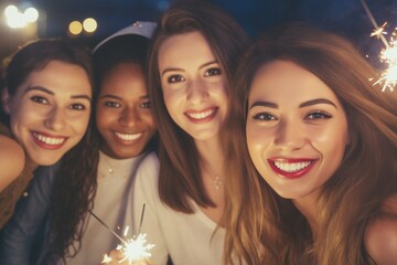 Obraz premium Welcoming the New Year with Joy: A Group of Friends Comes Together in a Vibrant Night Club, Celebrating Silvester with Sparklers, Laughter, and Festive Cheers