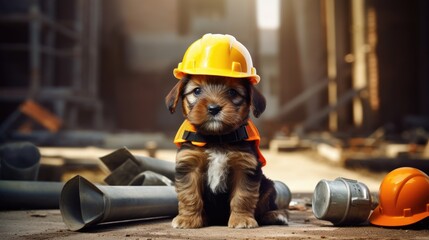 A puppy dressed as a builder at a construction site with safety helmet