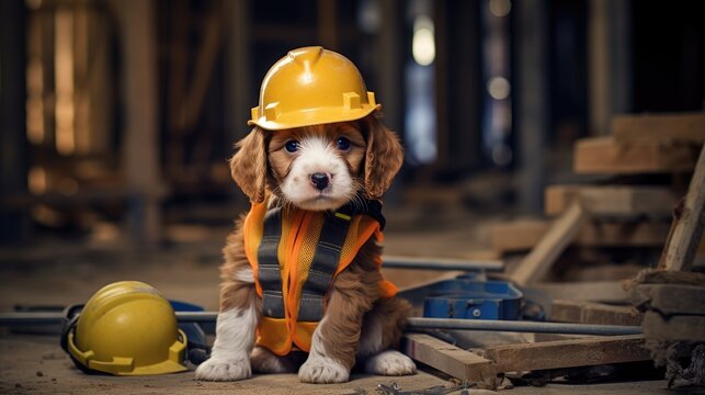 A puppy dressed as a builder at a construction site with safety helmet