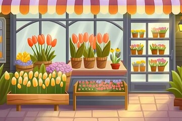 Bouquets are on sale. Entrance into a small flower shop