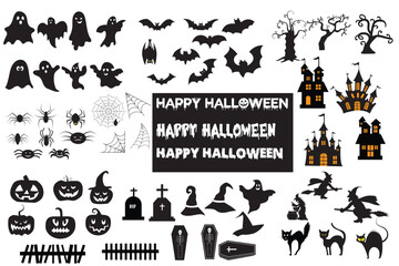 Halloween icon, vector set. Set of silhouettes of Halloween doodle style vector on a white background. Hand drawn Halloween vector. Vector illustration. 