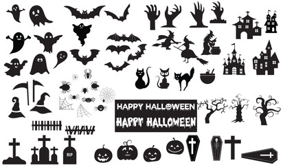Set of silhouettes of Halloween doodle style vector on a white background. Hand drawn Halloween vector. Vector illustration. 
