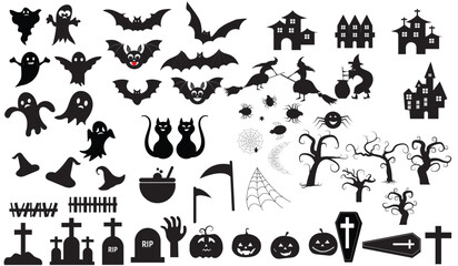 Naklejka premium Big set of silhouettes of Halloween on a white background. Vector illustration. Black spooky elements for your design. Hand drawn Halloween vector