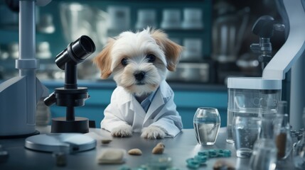 Puppy in a lab coat, acting as a scientist - obrazy, fototapety, plakaty