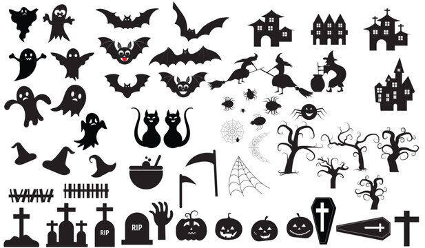 Big set of silhouettes of Halloween on a white background.  Vector illustration. Black spooky elements for your design.  Hand drawn Halloween vector