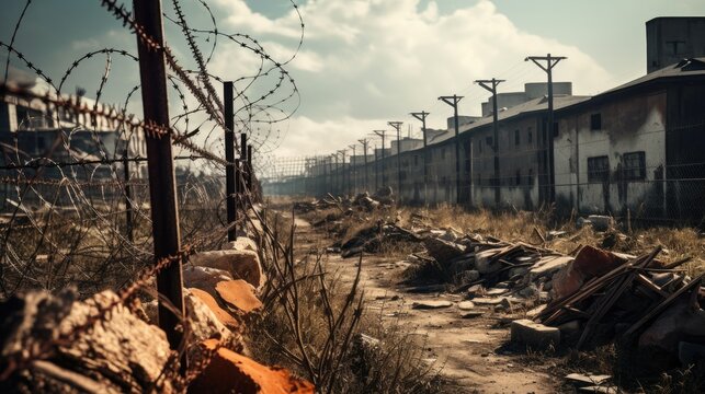 Abandoned industrial site with a barbed wire fence, decaying buildings, and overgrown vegetation. Eerie and desolate atmosphere, showcasing urban decay and industrial wasteland