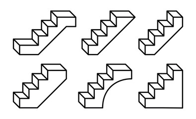 Set of stairs or steps icons. Ladder, symbol of rise, upward movement or advancement in work. Steps denoting development, knowledge and skills or improvement.