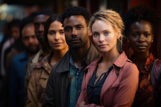 A diverse group of people waiting in line at an immigration office, illustrating the global phenomenon of international migration and its impact on local communities. Generative Ai. - Powered by Adobe