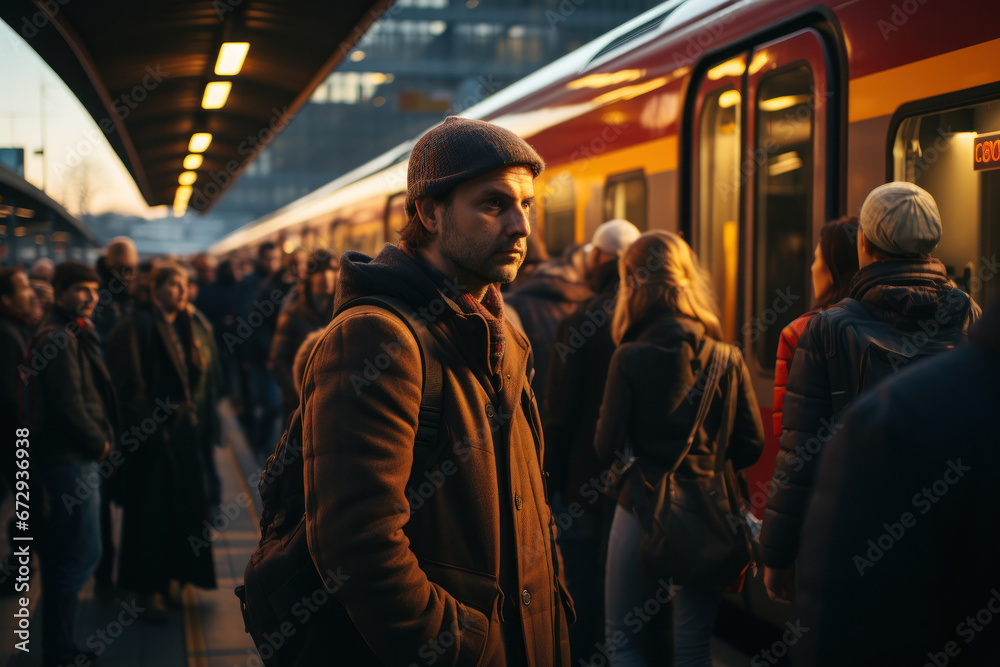 Wall mural a crowded train station with commuters from different backgrounds, symbolizing the daily rhythms of 