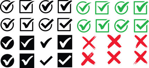 Check and cross mark icons set. Check marks symbol collection. Simple check mark. Quality sign icon. Checklist symbols. Approval check flat style - stock vector. Circle and square. Tick