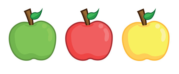 Set of apples in different colors with leaves on a white background.