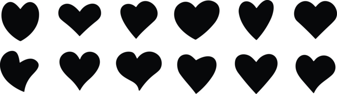 Collection of black heart symbol, Love hearts signs icon set, love symbol vector. Hand drawn style.
