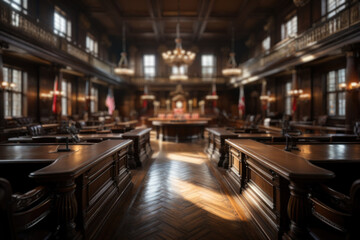 A courtroom where justice is served impartially, illustrating the rule of law and democracy's commitment to justice. Generative Ai. - obrazy, fototapety, plakaty