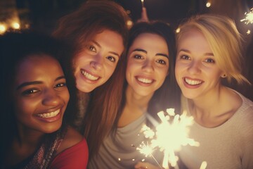 Fototapeta premium New Year's Revelry: Friends Light Up the Night with Sparklers in a Energetic Night Club, Ushering in Silvester with Laughter, Dancing, and Festive Delight