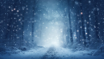 Snowfall in a serene winter forest with tall, shadowy trees along a path covered with snow - obrazy, fototapety, plakaty