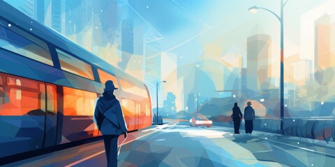 Abstract illustration of commuting in an urban environment.  - obrazy, fototapety, plakaty