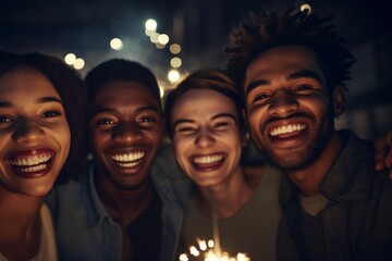 Festive Silvester Celebration: Friends Unite in a Night Club, Sparklers in Hand, Radiating Happiness, Laughter, and the Spirited Joy of Welcoming the New Year