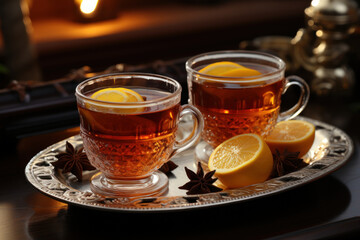 Fototapeta premium A tray of mulled wine and spiced cider, filling the air with the aroma of Christmas spices. Generative Ai.