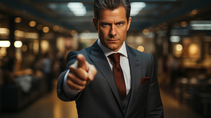 close up businessman in suit points forward with index finger