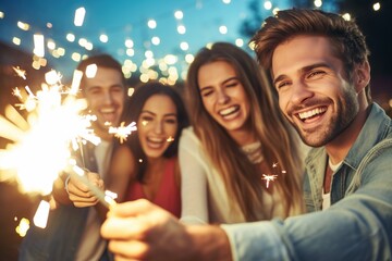 Fototapeta premium Cheers to Silvester: A Night Club Filled with Friends Holding Sparklers, Radiating Joy, Laughter, and the Excitement of Embracing the New Year Together
